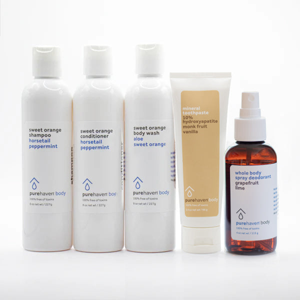 5-piece sweet orange daily routine set (whole body spray deodorant + mineral toothpaste vanilla)