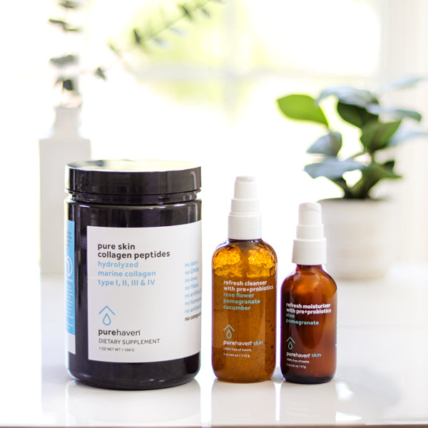 pure skin collagen peptides + refresh cleanser and moisturizer with pre+probiotics