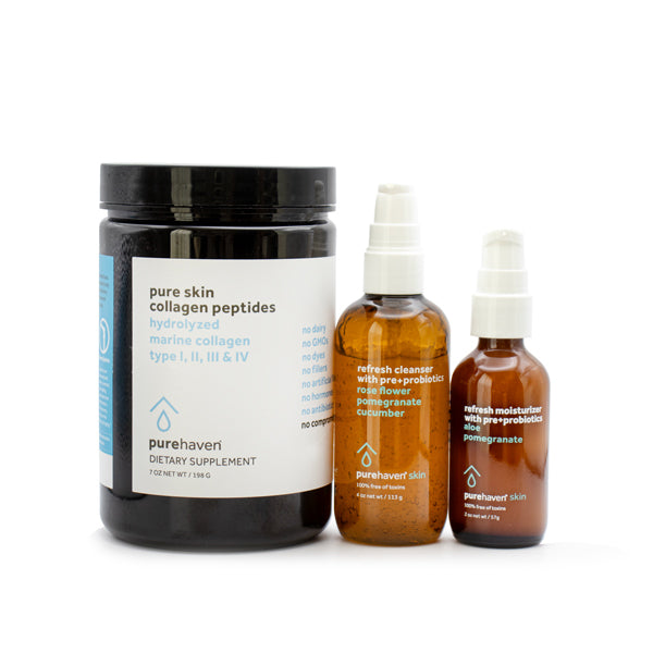 pure skin collagen peptides + refresh cleanser and moisturizer with pre+probiotics