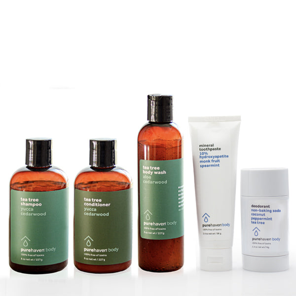 5-piece tea tree daily routine set (non baking soda deodorant + mineral toothpaste mint)