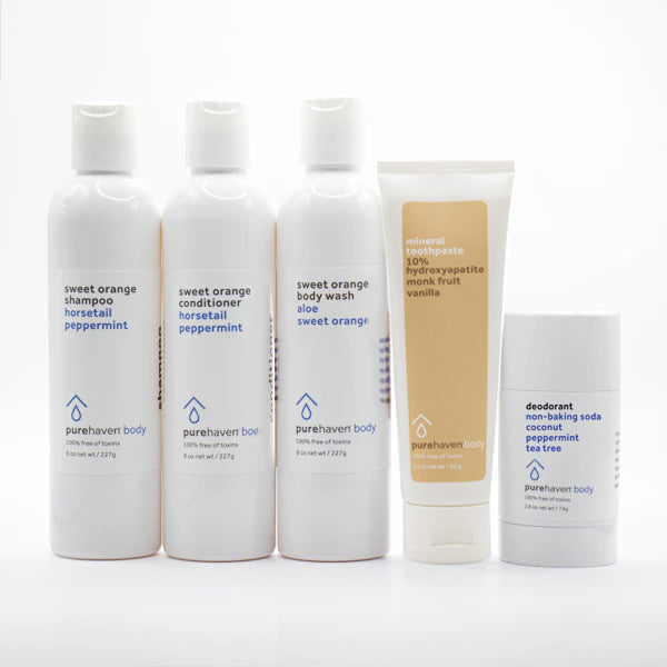 5-piece sweet orange daily routine set (baking soda deodorant + mineral toothpaste vanilla)