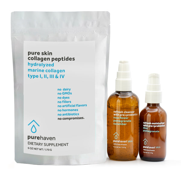 pure skin collagen peptides + refresh cleanser and moisturizer with pre+probiotics