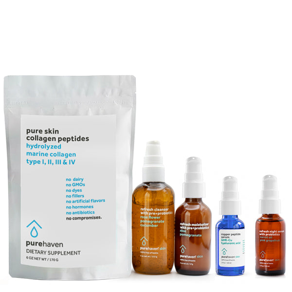 pure skin collagen peptides + refresh cleanser and moisturizer with pre+probiotics plus copper peptide serum w/FREE night serum