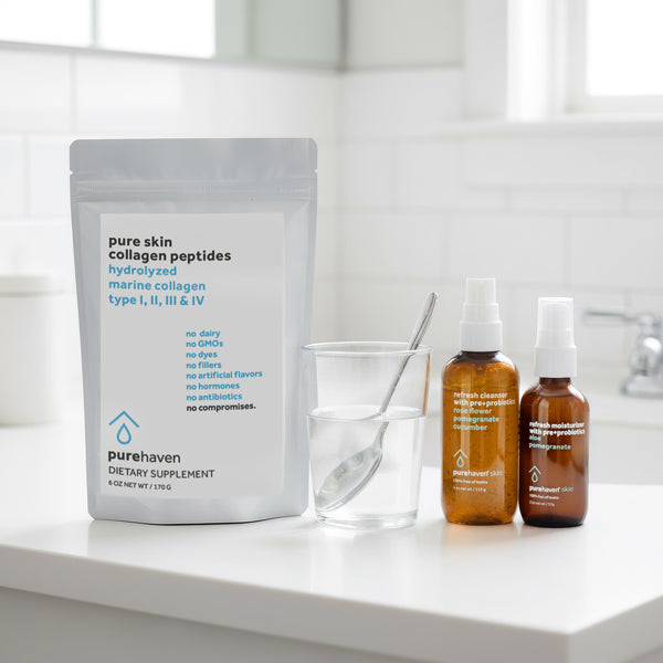 pure skin collagen peptides + refresh cleanser and moisturizer with pre+probiotics