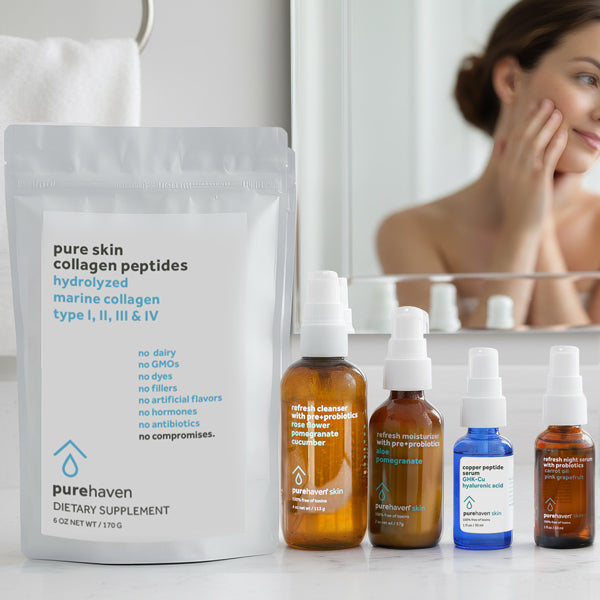 pure skin collagen peptides + refresh cleanser and moisturizer with pre+probiotics plus copper peptide serum w/FREE night serum