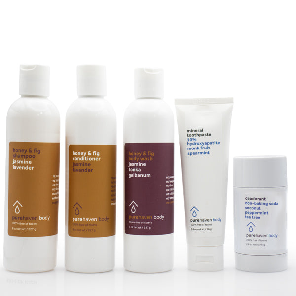 5-piece honey & fig daily routine set (non baking soda deodorant + mineral toothpaste mint)