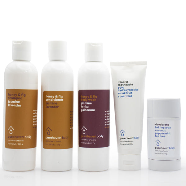 5-piece honey & fig daily routine set (baking soda deodorant + mineral toothpaste mint)
