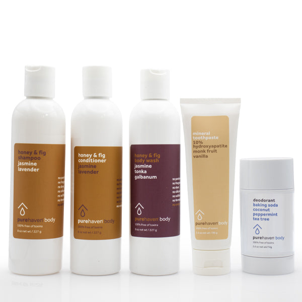 5-piece honey & fig daily routine set (baking soda deodorant + mineral toothpaste vanilla)