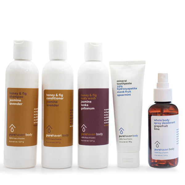 5-piece honey & fig daily routine set (whole body spray deodorant + mineral toothpaste mint)