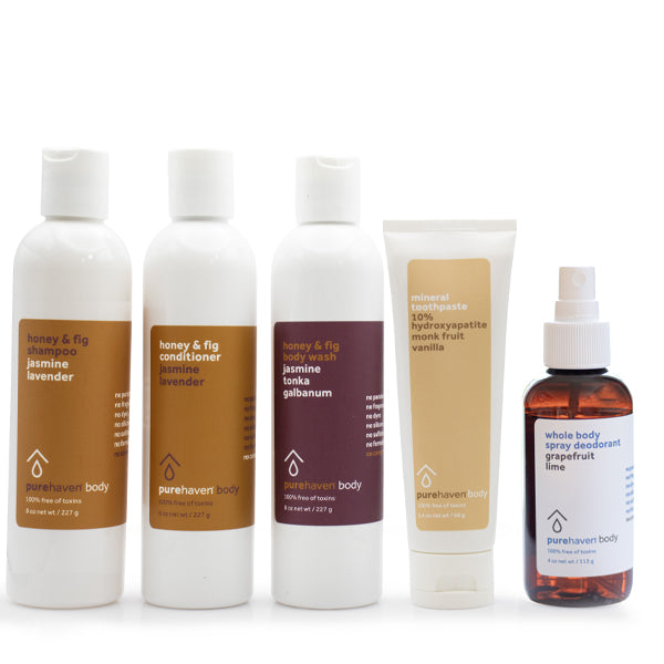 5-piece honey & fig daily routine set (whole body spray deodorant + mineral toothpaste vanilla)