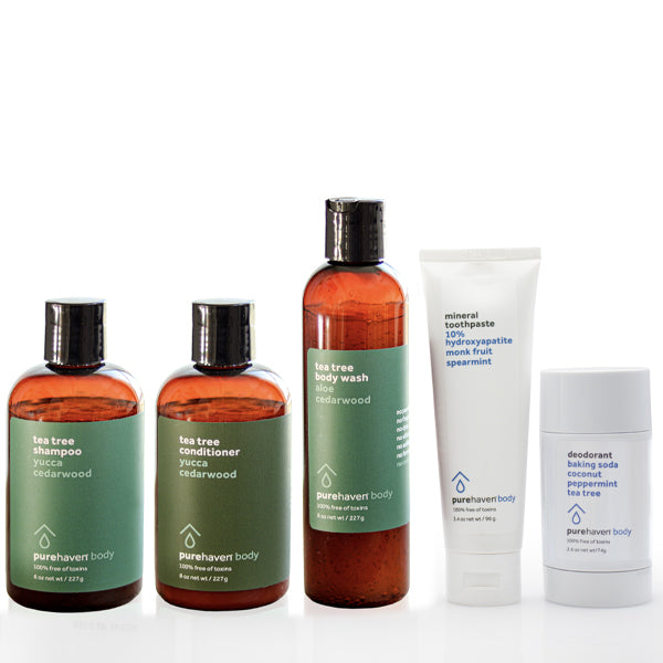 5-piece tea tree daily routine set (baking soda deodorant + mineral toothpaste mint)