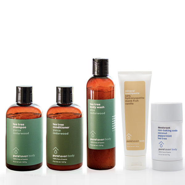 5-piece tea tree daily routine set (non baking soda deodorant + mineral toothpaste vanilla)
