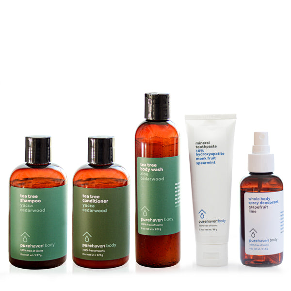 5-piece tea tree daily routine set (whole body spray deodorant + mineral toothpaste mint)