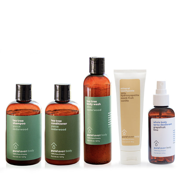5-piece tea tree daily routine set (whole body spray deodorant + mineral toothpaste vanilla)
